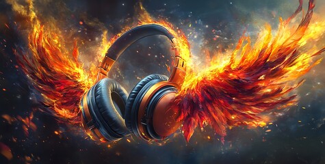 Headphones mockup with fiery wings and sparks on smoky background

