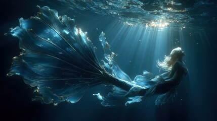 Beautiful fantasy mermaid lounging near the surface, radiant tail and elven profile 