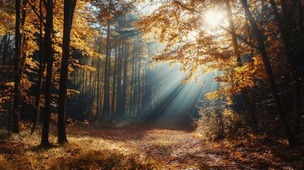 Sunlight beams through trees in a golden autumn forest.