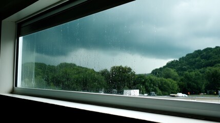 Modern floortoceiling window reflecting dark storm clouds with raindrops distorting lush green forest view beyond during heavy rain