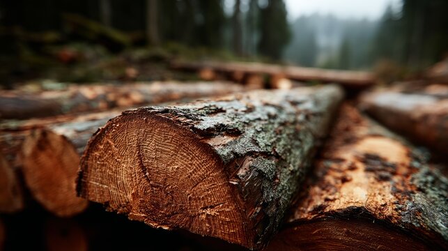 Stacked logs in a Misty Forest, A Symbol of Resource and Renewal