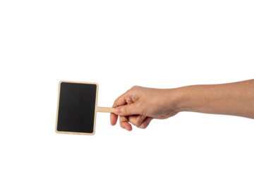 Empty post blackboard in hand isolated on transparent background.