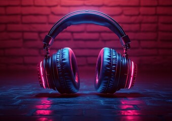 Black headphones mockup with pink and blue glow and brick wall background

