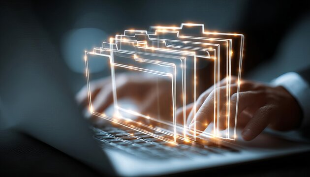 Folder hierarchy structure and document management system DMS Businessman using laptop computer for saving and classifying files folder