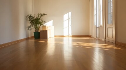 Fototapeta premium Bright empty room with sunlight streaming through large windows, scattered moving boxes, green potted plant, and open doorway indicating new beginnings