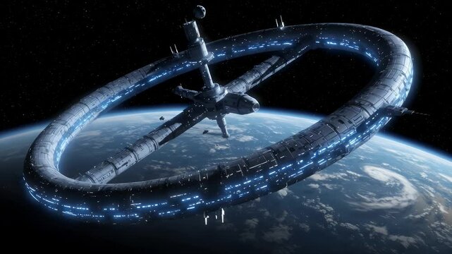 Massive ring-shaped space station orbiting Earth