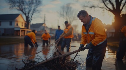 Community volunteers in waterproof gear clearing flood debris from a residential street at sunset, showing resilience, teamwork, and recovery after a disaster