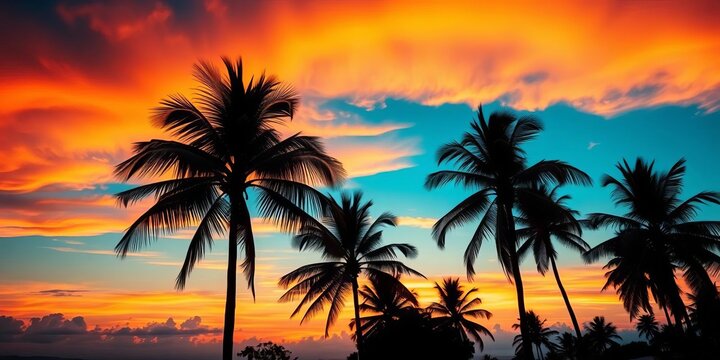 Vibrant Hawaiian sunset hues paint sky, silhouetting palm trees, colors, photography - Powered by Adobe