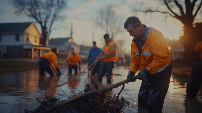 Community volunteers in waterproof gear clearing flood debris from a residential street at sunset, showing resilience, teamwork, and recovery after a disaster