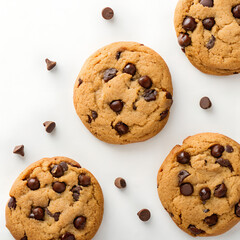 A batch of homemade chocolate chip cookies, still warm with gooey chocolate centers., isolated on a white background