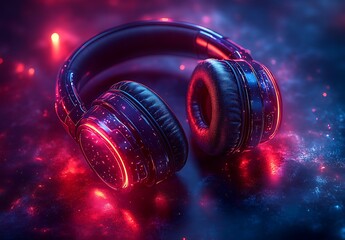 Futuristic headphones mockup with red and blue neon lights

