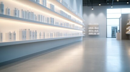 Obraz premium Minimalist modern store interior with sleek white packages on illuminated shelves creating calm highend atmosphere