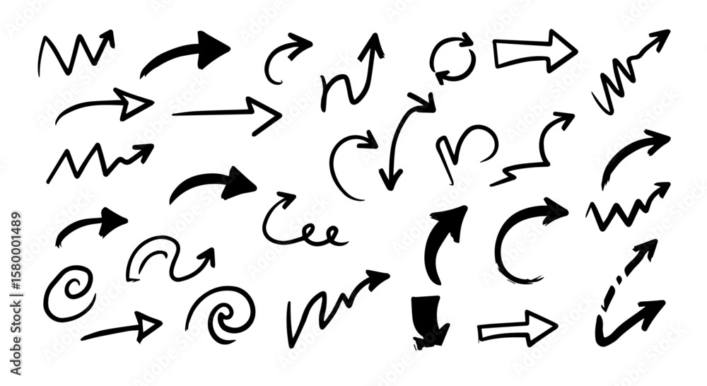 Poster hand drawn black arrow collection points in various directions on a white background with different 