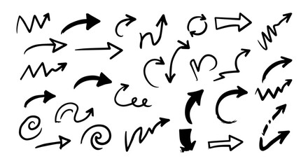 Obraz premium Hand drawn black arrow collection points in various directions on a white background with different styles and shapes.