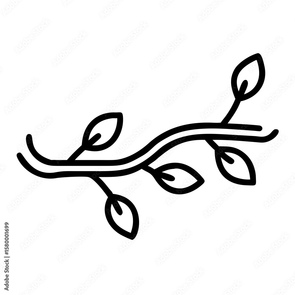 Poster a simple line drawing of a stylized branch with leaves curving horizontally across the white backgro