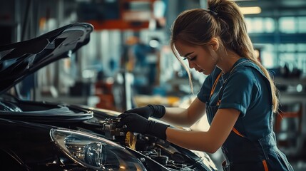 Focused female mechanic repairs a car engine in a brightly lit auto repair shop