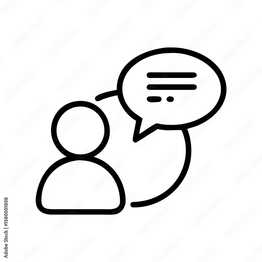 Poster person icon with speech bubble showing conversation and communication in a simple outline design sty