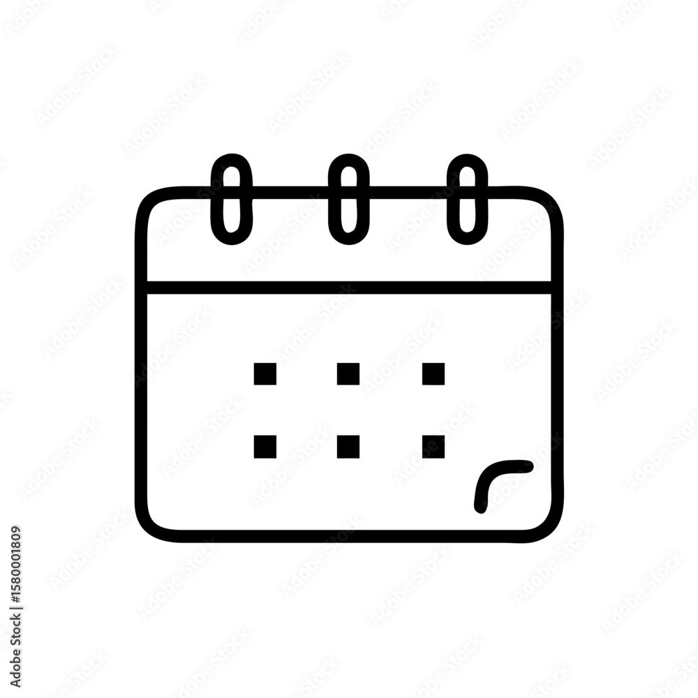 Poster illustration of a simple calendar icon with a black outline and square date markers on a white backg
