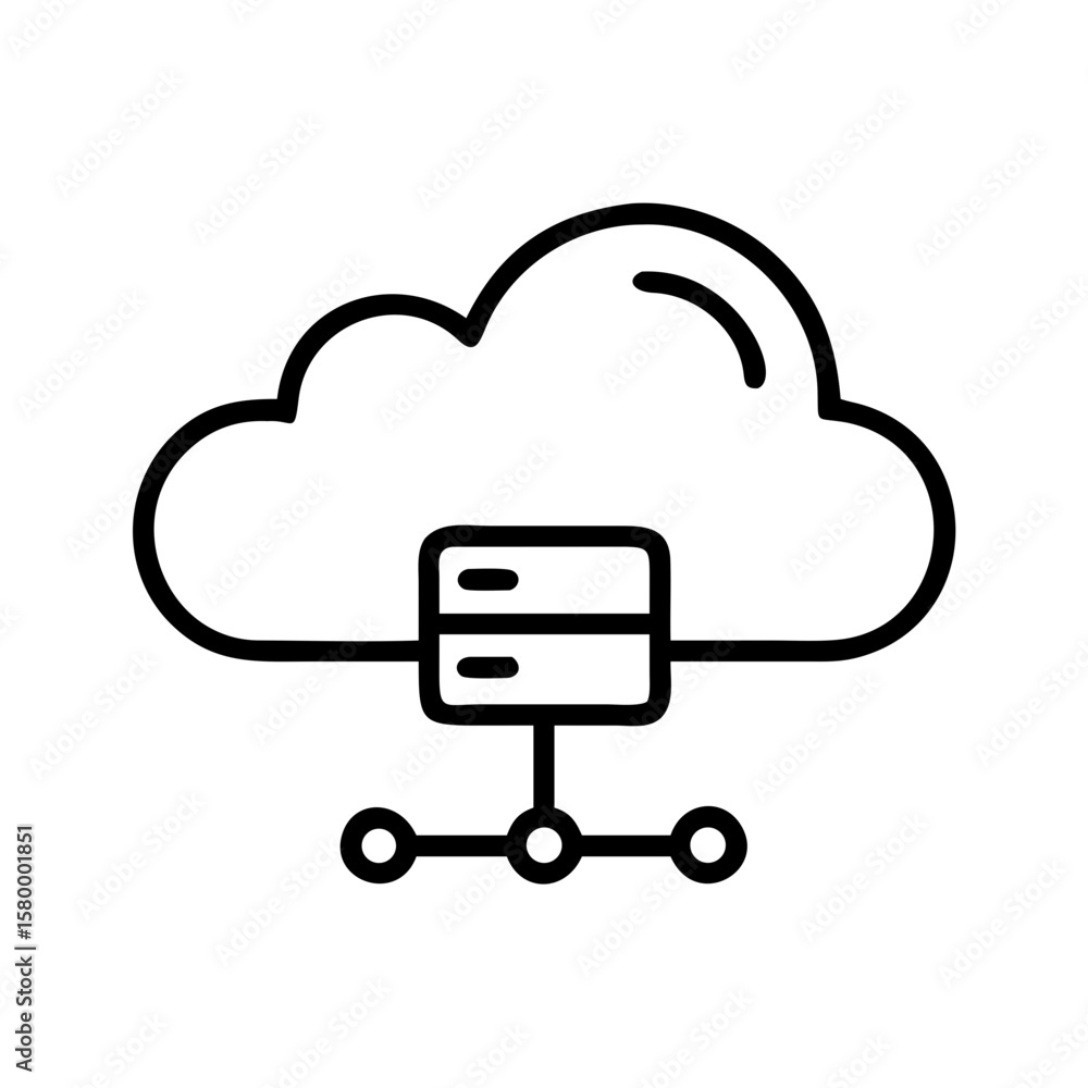Poster outline illustration of a cloud with a server connected to a network of nodes in black color