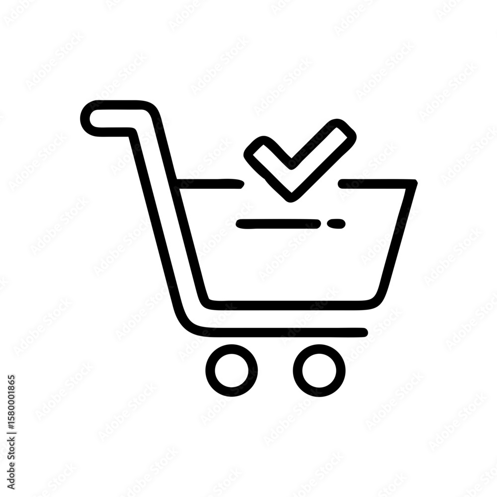 Poster shopping cart icon with check mark inside representing order confirmation in a simple outline style