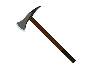 Battle axe with wooden handle and sharp blade
