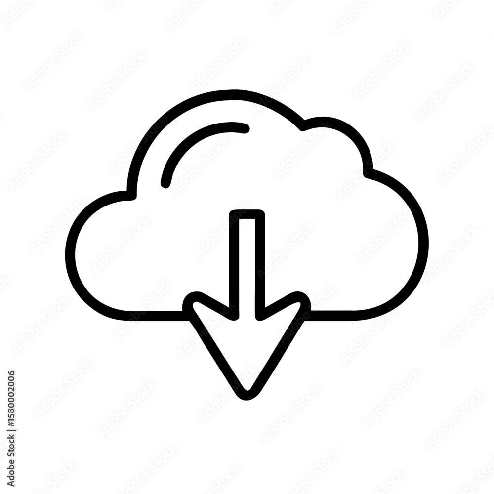 Poster cloud download icon showing a cloud shape with an arrow pointing downwards in a simple black outline