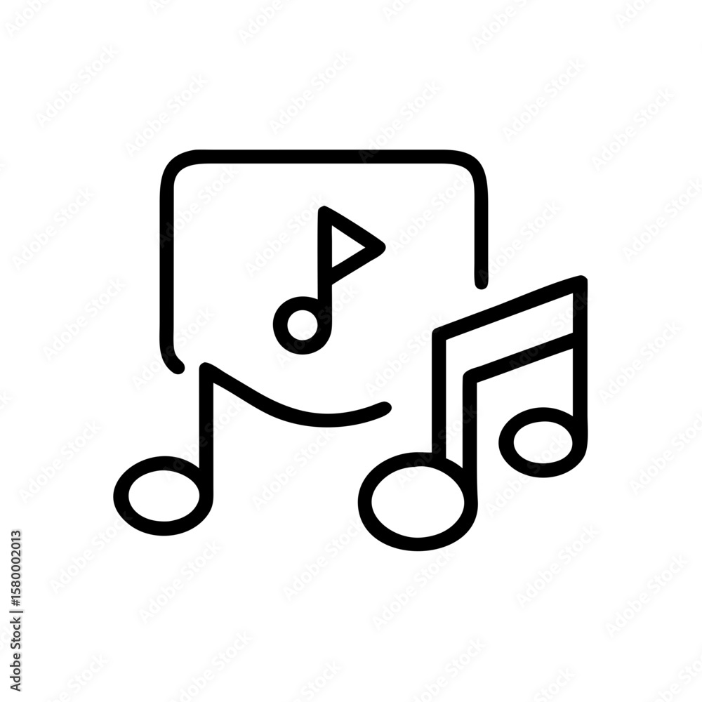 Poster outline illustration of a music player interface with several musical notes in a simple black design