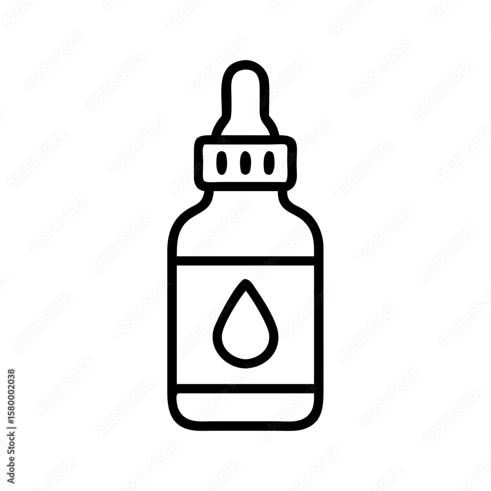 Poster outline drawing of a bottle with dropper and label featuring a teardrop shape in the center view