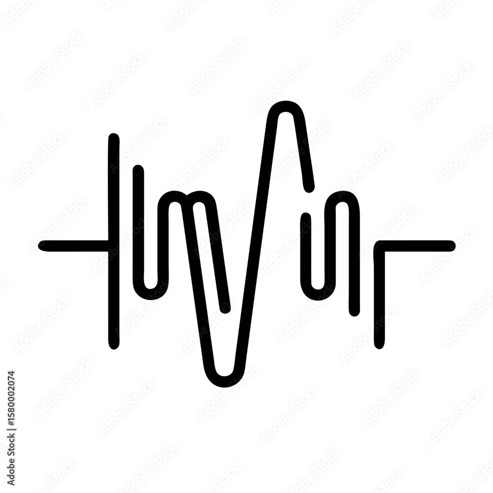 Poster simple black line drawing of an audio waveform with varying amplitudes on a white background graphic