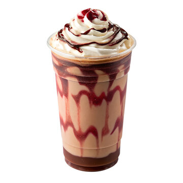 Iced mocha raspberry latte in a transparent cup, swirled chocolate and espresso layers with raspberry syrup streaks, topped with whipped cream., isolated PNG format