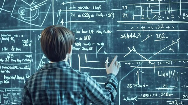 Boy writing complex math formulas and equations large chalkboard, focused education and learning with chalk hand, studying geometric diagrams - Powered by Adobe