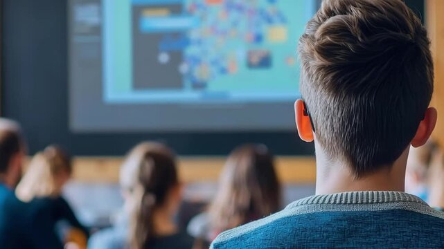 Student learning classroom with focused audience watching digital presentation screen, calm back environment supporting modern education