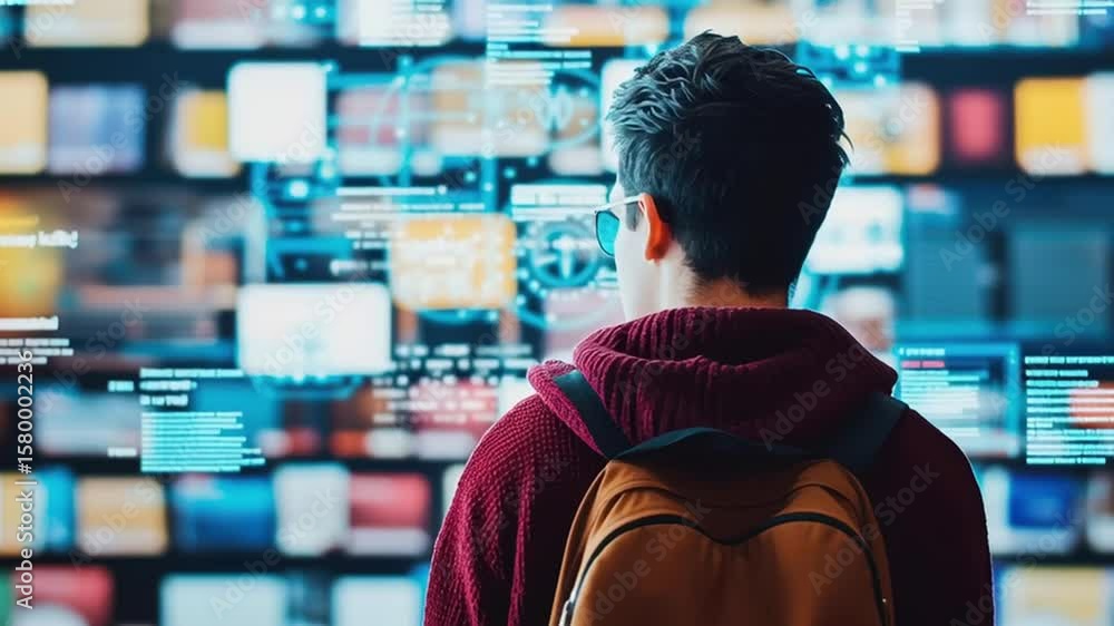 Aufkleber man with backpack exploring futuristic digital interface featuring glowing screens, data, and advanc