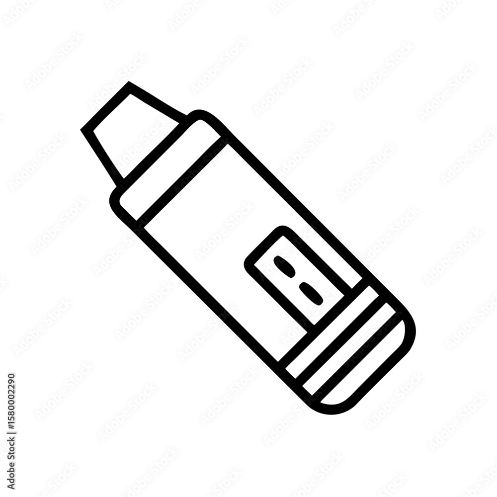 Poster illustration of a black and white crayon with a rectangular label and striped bottom in simple line 