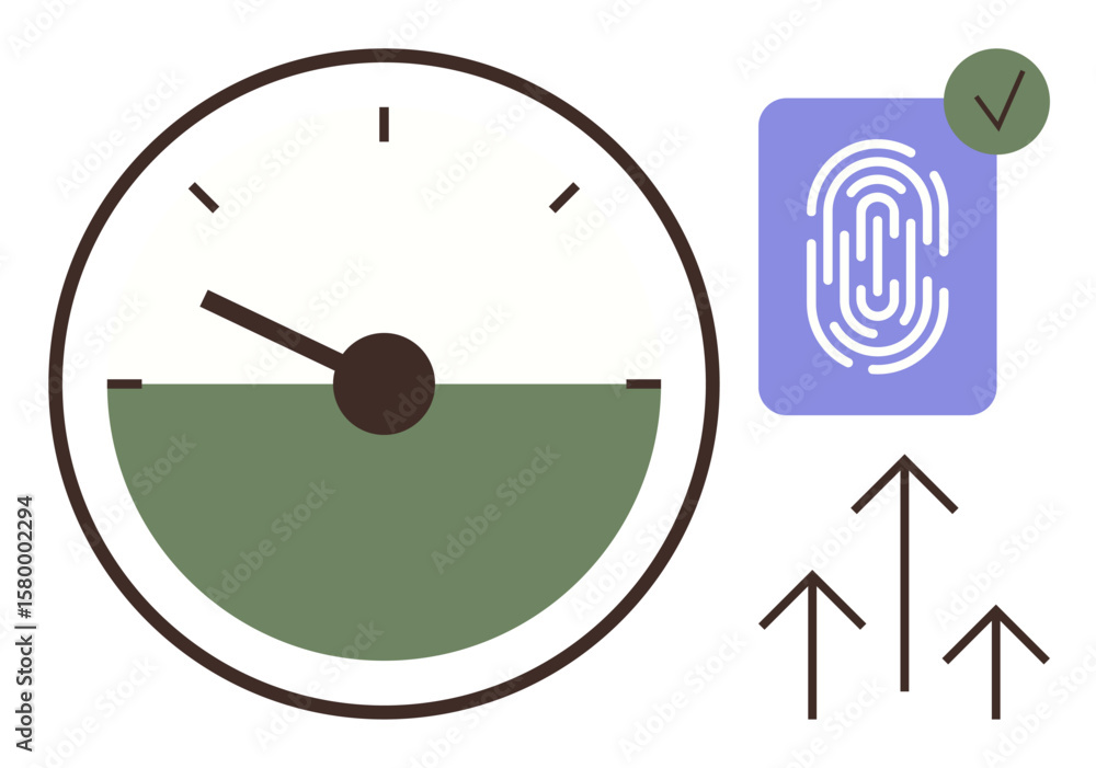 Poster speedometer indicator, fingerprint authentication with checkmark, and upward arrows convey verificat