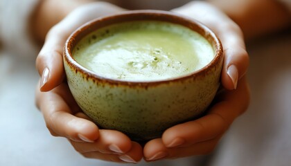 Warm bowl of green beverage held in hands.