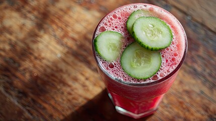 Refreshing watermelon smoothie garnished with cucumber slices, served in a glass on a rustic wooden table.