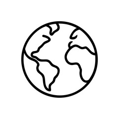 A simple black and white line drawing of a world globe showing continents and ocean outlines in detail