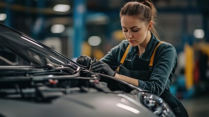 Female Mechanic Working on Car Engine, Focused and Concentrated in Garage