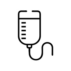 Illustration of an intravenous drip bag with fluid level markers and a connected tube in black outline
