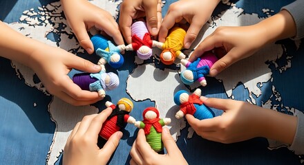 Childrens hands arrange colorful handmade dolls in a circle on a world map, symbolizing global unity and collaborative play