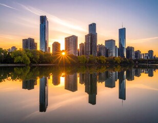 City skyline at sunrise reflected on calm water