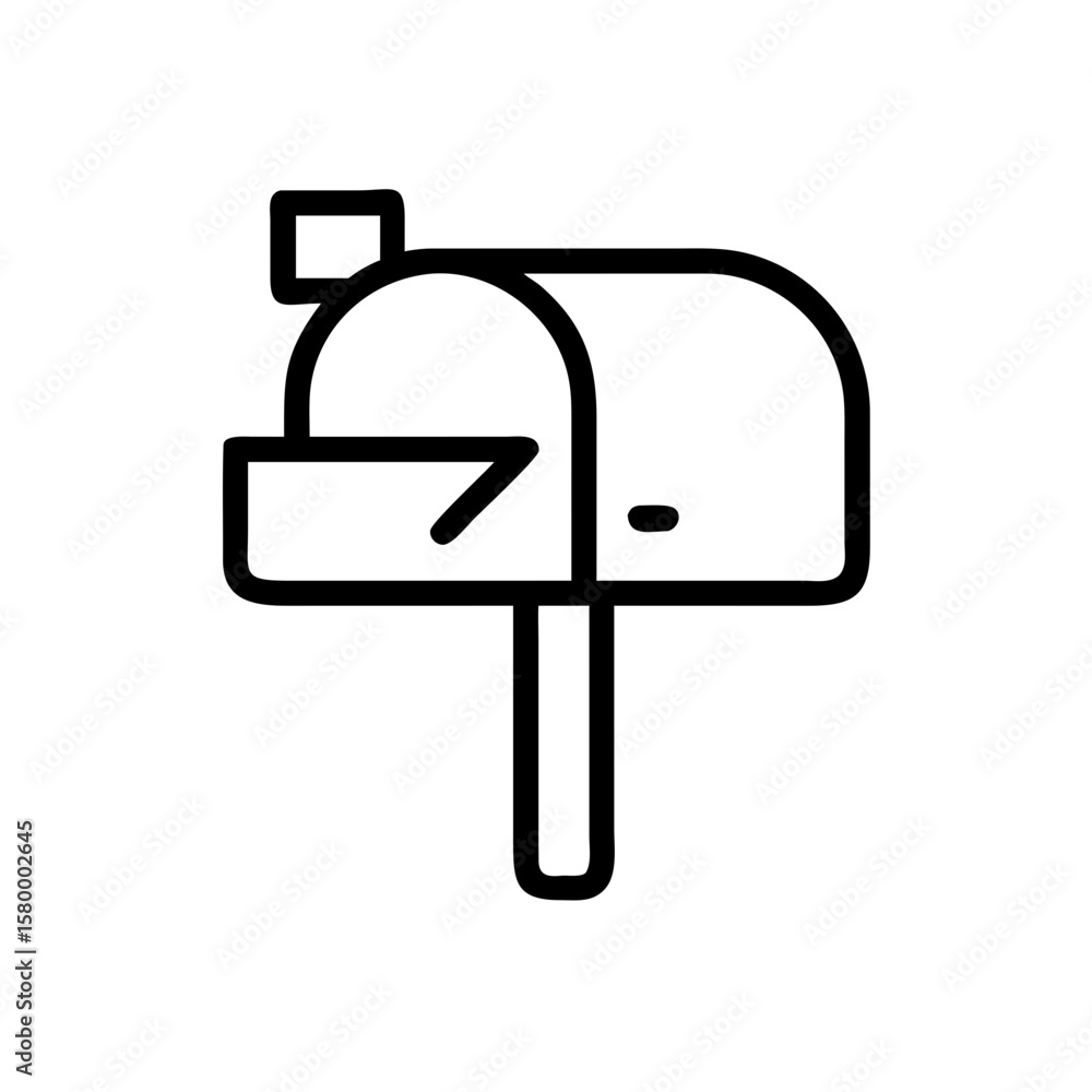 Poster illustration of a simple mailbox with a flag up and a door with an arrow on a white background