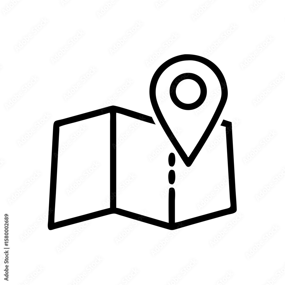 Poster outline icon showing a folded map with a location pin marking a destination on the paper map guide