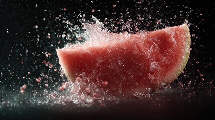 A slice of watermelon bursts open, creating a splash of juice and droplets against a dark background.