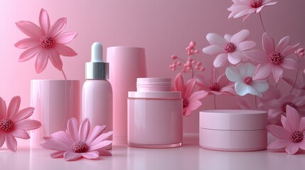 Pink cosmetic containers and flowers on a light pink surface.
