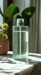 Light teal glass bottle with pump sprayer.