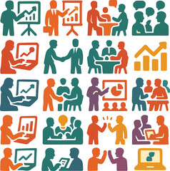 Business Analytics & Teamwork Icons – Strategy Presentation Vector Set

