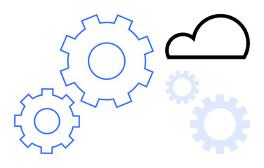 Blue gears interacting near a cloud outline, symbolizing cloud computing, automation, and teamwork. Ideal for technology, innovation, collaboration, process management, engineering cloud solutions