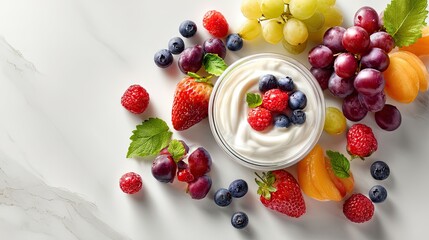Assortment of fresh fruits and yogurt dip on a marble surface.